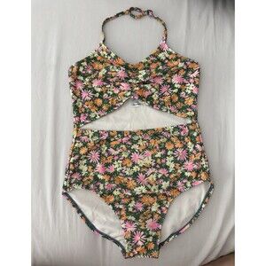 Art Class One Piece Floral Halter Cut-Out Swimsuit Green Pink L (10/12)